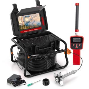 Self Leveling Sewer Camera with Locator 100FT,10 Inch 1080P Touch Screen Auto Meter Counter,32GB HD 512HZ Drain Pipe Inspection Camera with 12 Light 7MM Cable & Keyboard